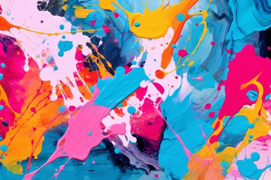 Bold and expressive pop art color paint splashes, merging in an abstract and captivating pattern for a modern background, Generative AI