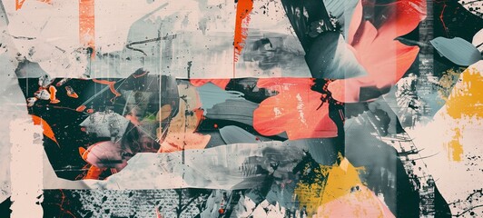 Abstract collage with a mix of textured elements and bold color splashes in red, black, and yellow, overprinted on faded floral patterns. The concept conveys a contemporary artistic design - obrazy, fototapety, plakaty