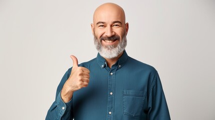 Senior man with beard giving thumbs up, smiling confidently in teal shirt. - obrazy, fototapety, plakaty