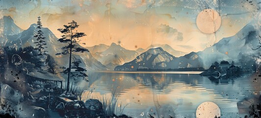 Panoramic landscape illustration of a serene Chinese lake scene with traditional architecture and mountains. Artistic composition with vintage paper textures and splatter effects