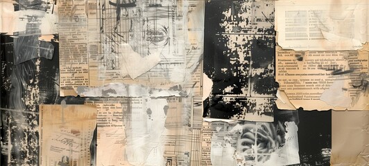 Mixed-media collage composed of weathered newspaper clippings, torn book pages, and abstract calligraphy. The concept presents a monochromatic palette with textural contrasts