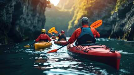 Group of People in Kayaks Paddling Down a River - obrazy, fototapety, plakaty