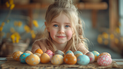 Fototapeta na wymiar Cheerful girl with Easter eggs, home celebration.