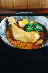 A bowl of soup with a piece of chicken and a green vegetable