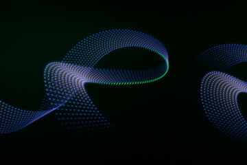 Blue green neon wave of light as curls or swirl with dotted stripes on black background, pattern. Abstract background with dynamic line in motion, light painting in modern style.