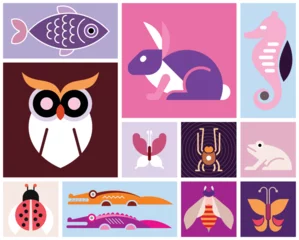 Fotobehang Vector collage of images of various animals, birds and fish. Each one of the design element created on a separate layer and can be used as a standalone image, icon or logo. ©  danjazzia