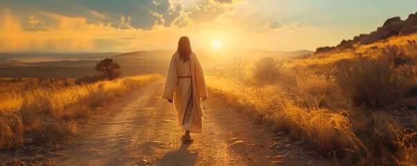 Image featuring a solitary Jesus strolling down a vintage road outdoors. Concept Religious, Motivation, Vintage Road, Solitude, Outdoor Photo - obrazy, fototapety, plakaty
