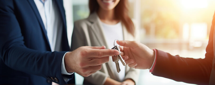 Young happy millennial couple receiving keys from realtor, purchasing real estate. New house and real estate concept