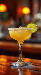 drink Mexican margarita with a combination of tequila, triple sec and lime juice at restaurant