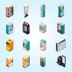 vending machine isometric set isolated icons with various models electronic terminals different purp
