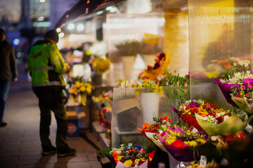 Flower market in evening in city