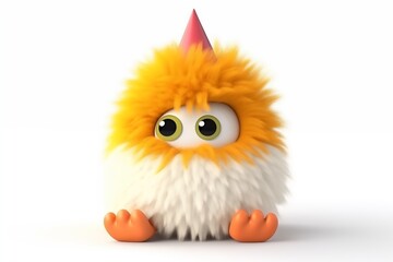Adorable Fluffy Creature with Party Hat: Cartoon-like Character with Round Body Covered in White and Orange Fur, Large Green Eyes, and Colorful Party Hat, Set Against a Plain White Background