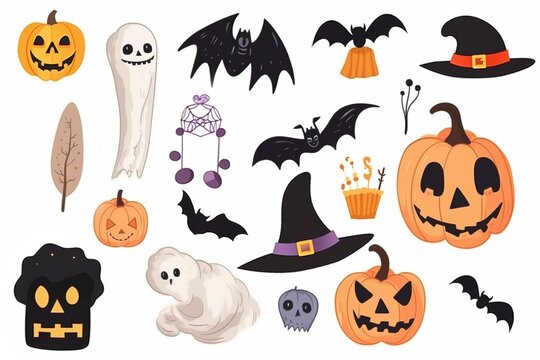 Halloween-Themed Illustrations: Collection of carved pumpkins, ghosts, bats, witch hats, a feather, a dreamcatcher, and candies on a white background