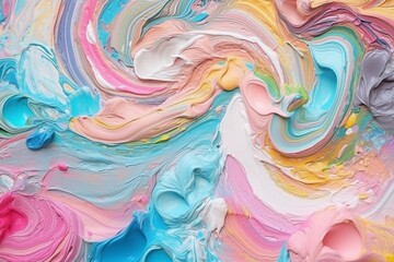 Abstract Paint Mix: Close-up of vibrant mix of paints swirled together, creating an abstract pattern with a thick and glossy textur