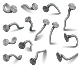 Hammered nails set on surface. Iron, steel or silver pin heads. Bent metal spikes or hobnails with caps in cartoon style. Vector hardware for home construction, isolated on white background