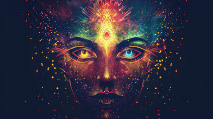 Third eye is on woman's forehead, symbol of spirituality, spiritual awakening, mindfulness, meditation and healing