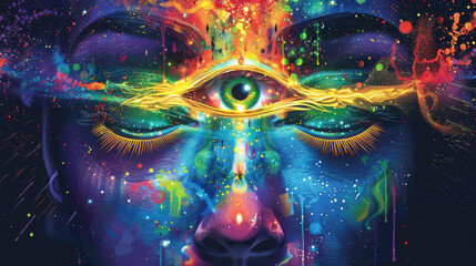 Third eye is on woman's forehead, symbol of spirituality, spiritual awakening, mindfulness, meditation and healing - obrazy, fototapety, plakaty