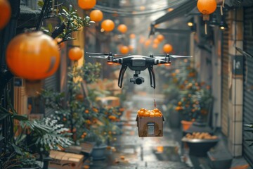 Drone flies around the city, delivering parcels, orders around the city, selective focus - obrazy, fototapety, plakaty