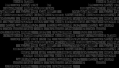 Vector realistic broken black brick wall on black background. Holes in flat wall texture. Dark textured destroyed brickwork for web design, banner, background, wallpaper