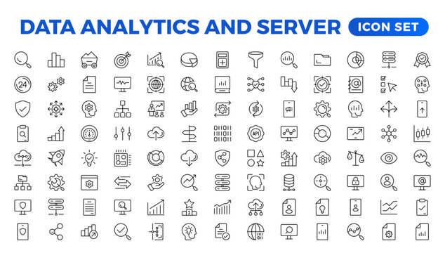 Data analysis, statistics, analytics - minimal thin line web icon set. Outline icons collection. Simple vector illustration. Data analysis thin line icon set. Data processing outline pictograms.