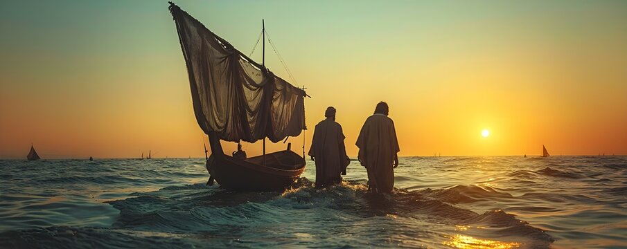 Jesus leads Simon Peter and Andrew to a successful fishing expedition. Concept Biblical Stories, Jesus's Miracles, Discipleship, Fishing Expedition, Spiritual Guidance