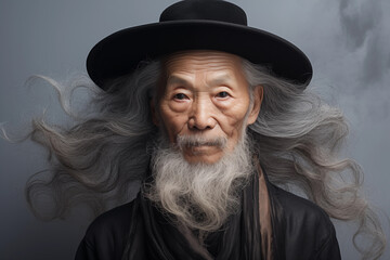 Charismatic elderly Asian man with a flowing silver beard and hair under a classic black hat, embodying a fusion of tradition and timeless style.