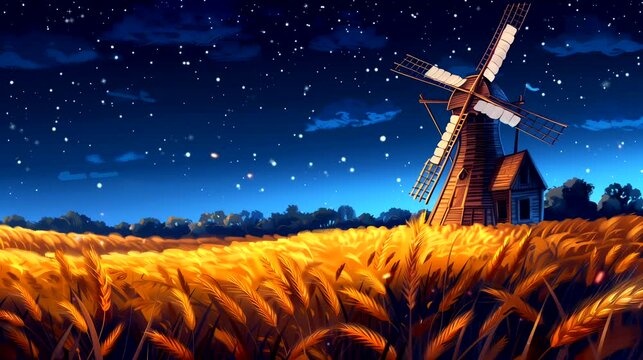 The charm of a rustic windmill in a vast, golden wheat field at night. Fantasy landscape anime or cartoon style, looping 4k video animation background