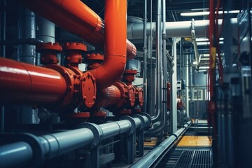 A view of pipes and valves in a large industrial building. Suitable for industrial concepts