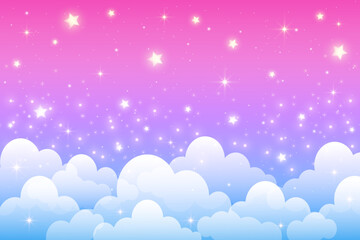 Cute cloudy pink sky with stars. Vector fantasy pastel background. Purple dreamy landscape. Abstract gradient girly wallpaper.