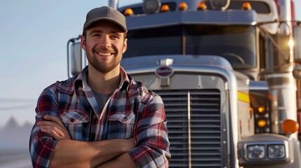 A truck driver stands in front of his truck, smiling.