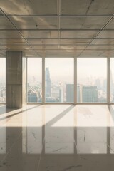 Urban skyline seen from an empty room, suitable for real estate concepts
