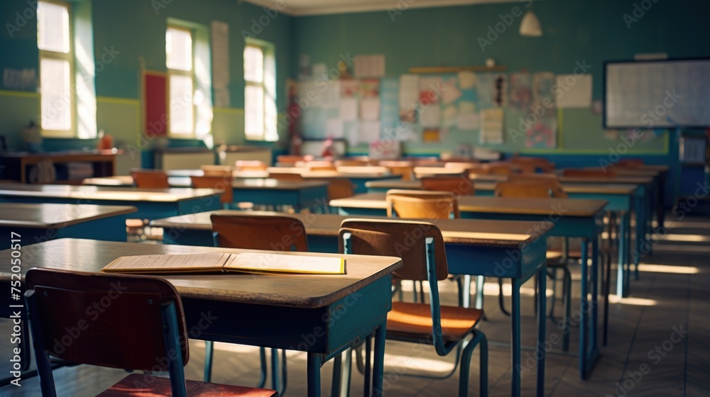 Poster A simple image of an empty classroom with desks and chairs. Suitable for educational concepts