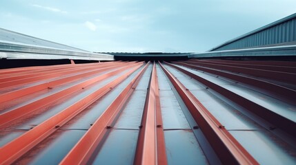 A red metal roof with a clear blue sky background. Ideal for architectural and construction projects