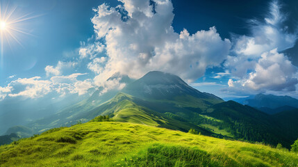 Beautiful mountain landscape with a grassy field and a clear sky - obrazy, fototapety, plakaty