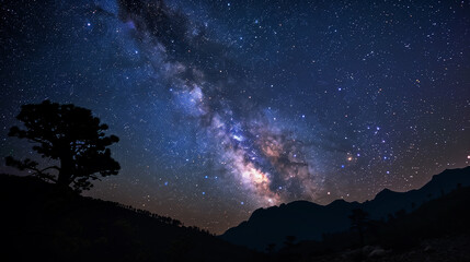 Fototapeta na wymiar Milky Way galaxy stretches across the night sky above a mountain range