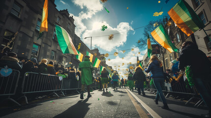 A photo capturing people participating in a St. Patrick's Day parade in Ireland - obrazy, fototapety, plakaty