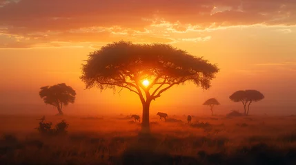 Foto op Canvas A captivating sunrise paints the savanna landscape, casting a golden glow and silhouetting a lone tree against the vibrant sky © Jakraphong