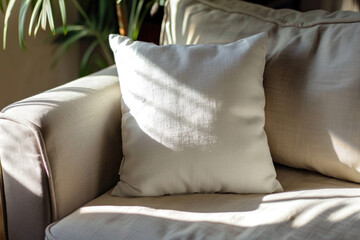 White pillow mockup on the sofa in the bright and sunny living room