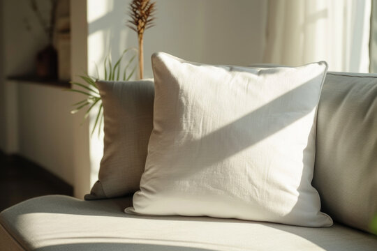 White pillow mockup on the sofa in the bright and sunny living room