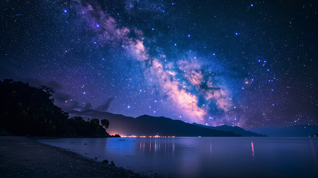 Night landscape with the Milky Way galaxy, mountains, and the ocean