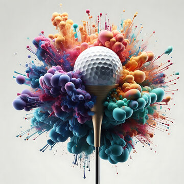 A golf ball and club in the center of a colorful, dynamic explosion of paint or ink droplets, creating a vibrant and artistic image.