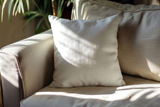 White pillow mockup on the sofa in the bright and sunny living room