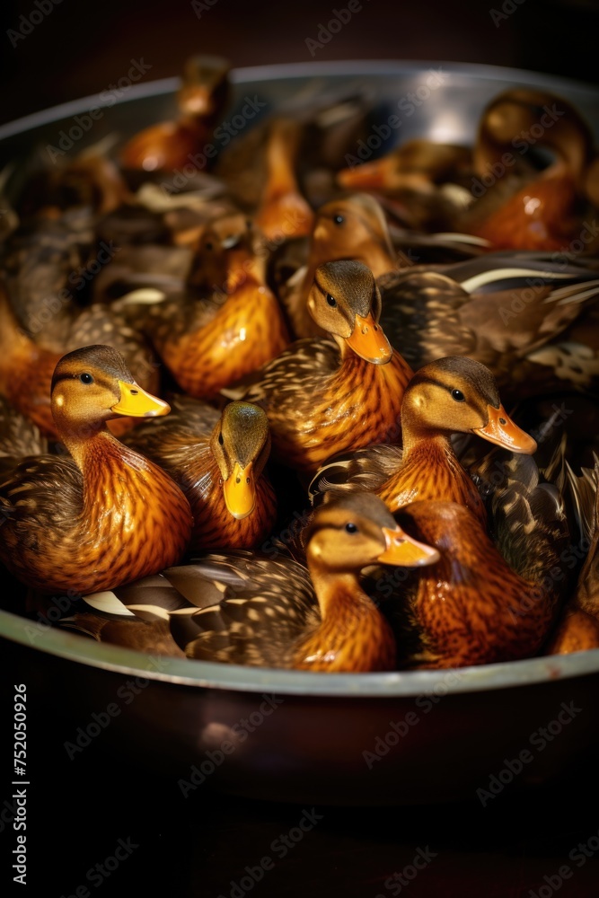 Poster ducks sitting in a bowl on a table, suitable for various concepts