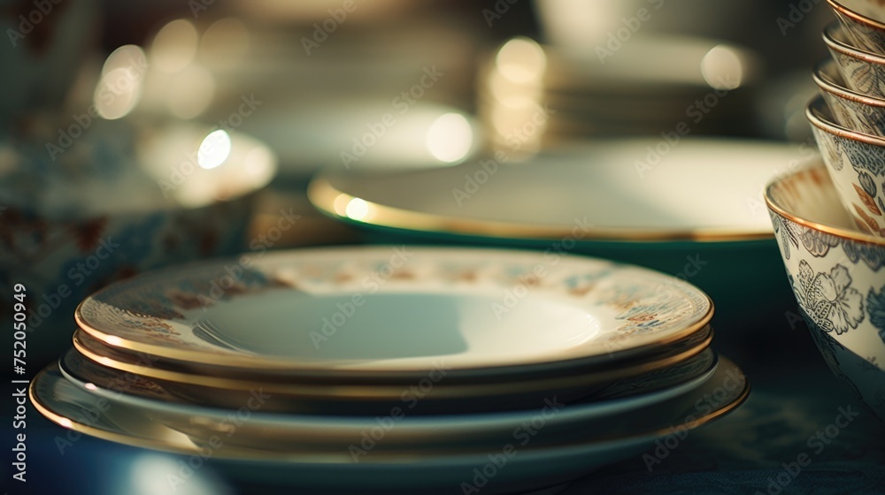 Poster a stack of plates and bowls on a table, perfect for food and dining concepts