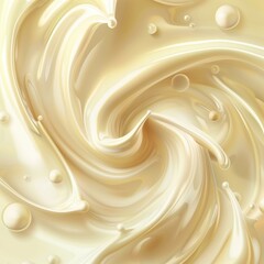 Abstract cream background with a milk wave swirl. Smooth texture flow, gradient splash pattern, and satin ripples. Creamy syrup silk spread with berry pieces.