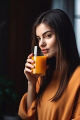 cropped shot of a woman drinking juice at home