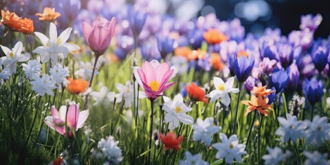 Obraz premium Vibrant field of flowers in the sun, perfect for nature backgrounds