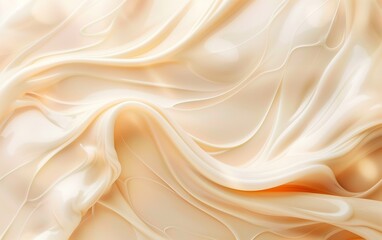 Abstract cream background with a swirling milk wave texture. Gradient splash pattern in satin ripple color, resembling creamy syrup silk spread.