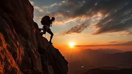 The silhouette of a climber descending from a cliff with a safety rope at sunset against the background of mountains and sky. Extreme Sports, Lifestyle, travel concepts. Horizontal banner, Copy space. - obrazy, fototapety, plakaty