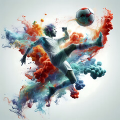 Digital art of soccer player kicking ball, surrounded by vibrant splash of colors, capturing energy and motion of the sport